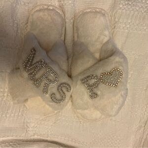 White Bridal Slippers with Rhinestone Lettering P